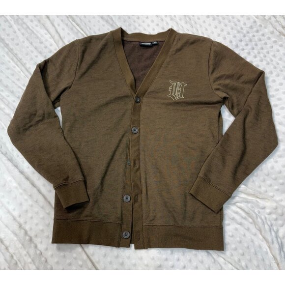 Vans Cardigan Sweater Mens Sz M Brown Cotton Blend Button Up V Heart - Picture 1 of 9